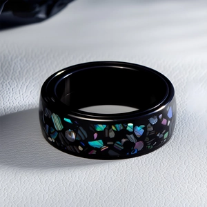 Bague rotative de 8mm en acier noir avec incrustation de nacre d'abalone pour homme