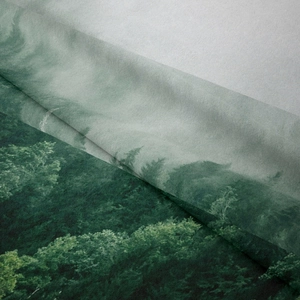 Detailed fabric texture of forest landscape tapestry with mist green and grey prints
