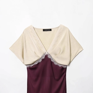 Lace-trimmed satin midi dress in champagne and deep purple with elegant V-neckline