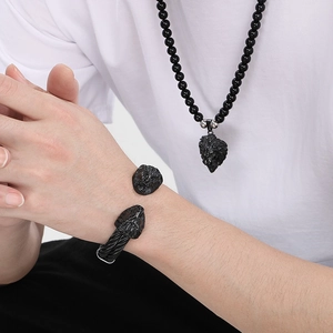 Men's 8mm black onyx bead necklace with lion head pendant and matching cuff bracelet set