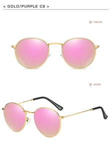 Close-up of gold round metal frames with purple mirrored lenses on polaroid sunglasses