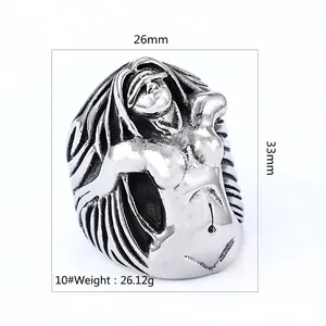 Vintage punk stainless steel ring featuring female silhouette art design dimensions view