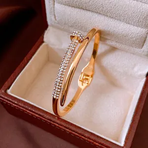 Minimalist Nail Bangle Bracelet Alloy Rhinestone Pave Inlay Luxury Aesthetic Jewelry Hinge Opening Fashion For Women