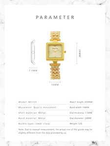 Detailed dimension guide of the gold quartz watch with rhinestone petals band