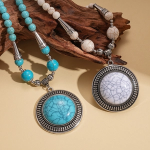 Ethnic beaded long necklace with large round faux stone pendant in turquoise and white