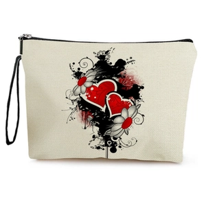 Floral heart canvas makeup bag with black zipper and wrist strap on white background