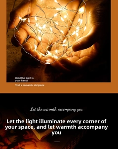 Macro view of glowing warm yellow LED copper wire fairy lights held in hands