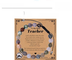 Detail of 8mm Indian Agate beaded bracelet with heart charm on teacher gift card