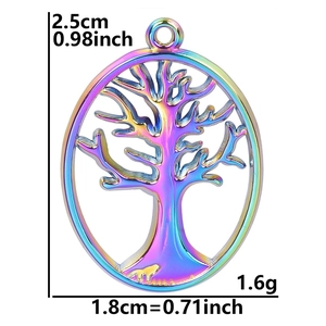 Detailed size view of rainbow plated stainless steel tree of life pendant showing 2.5cm height