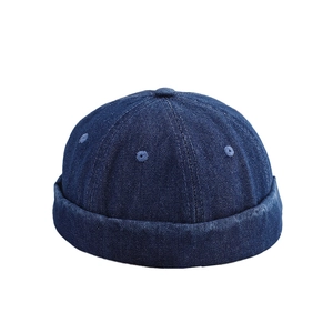 Classic dark blue denim miki hat featuring a six-panel stitch design and rolled edge