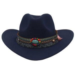 Detail of navy felt cowboy hat featuring turquoise beads and braided tassels trim