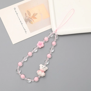 Handmade pink beaded phone strap with cute resin bear and flower charms for women
