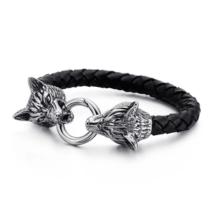 Men Braided Genuine Leather Bracelet With 316L Stainless Steel Dragon Tiger Skull Head Punk Gothic Biker Style