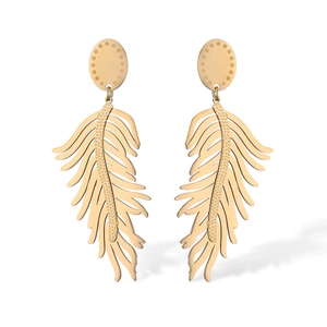 Elegant gold-plated leaf drop earrings in vintage style on white background