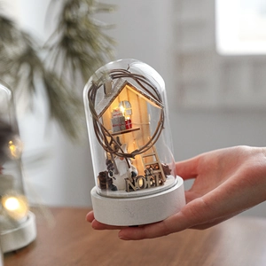Christmas wooden glass lantern with snow house and reindeer warm LED night light