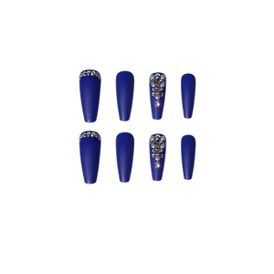 Koningsblauwe matte coffin kunstnagels met strassteentjes en parel kroon versiering