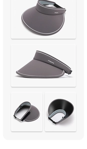 Detail view of foldable grey sun visor featuring cool knit fabric and adjustable buckle