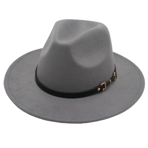 Classic mid-grey wide brim wool felt fedora hat with black belt buckle for men and women