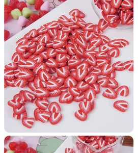 Macro detail of strawberry polymer clay slices for DIY crafts and slime accessories