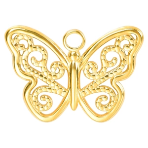 Detailed view of golden stainless steel butterfly pendant with filigree wings for DIY jewelry