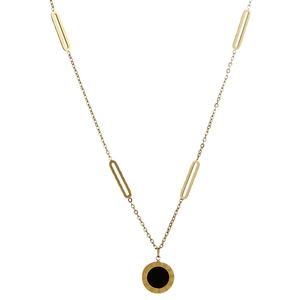 Gold stainless steel long necklace with a black round pendant and Roman numeral engraving