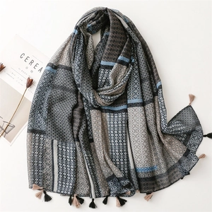 Geometric Print Long Scarf Shawl Polyester Cotton Linen Feel Patchwork Tassels Retro Bohemian Sun Protection For Women