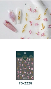 Detail of TS-2228 nail stickers with pink cherry blossoms and gold leaf patterns