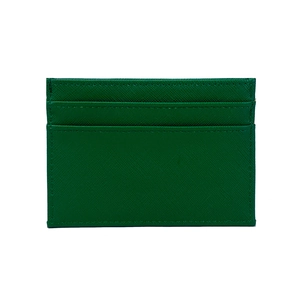 Detail of cross-grain Saffiano PU leather card holder with multiple card slots in dark green