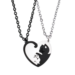 Colliers de couple chat yin yang en forme de cœur en acier inoxydable noir et argent