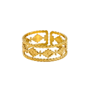 Detailed close-up of a triple-layered hollow gold ring featuring twisted rope textures