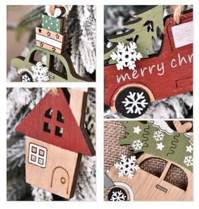 Detailed macro view of laser-cut wooden Christmas car and house ornaments with jute ropes