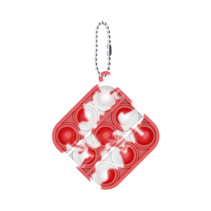 Detail of square marble pattern pop-it keychain with red and white silicone bubbles