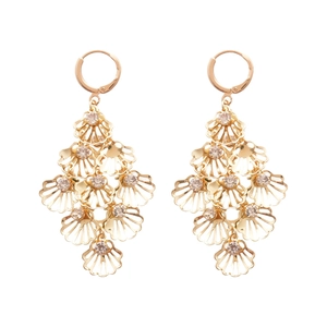 Elegant gold-tone multi-layered shell leaf earrings with sparkling diamond accents