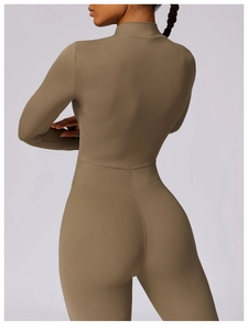 Detailed back view of khaki long sleeve fitness bodysuit with seamless stitching details