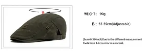 Size chart for army green cotton ivy cap showing adjustable head size 55-59cm and weights 90g