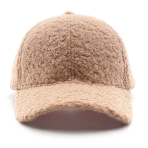 Plush camel faux shearling baseball cap for winter warmth with minimalist curved brim