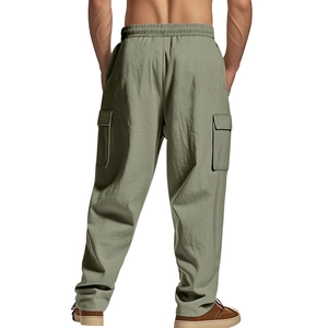 Close-up of olive green cargo pants with elastic waist and large side pockets detail