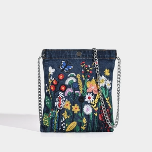 Embroidered Denim Shoulder Bag Floral Butterfly Patterns Silver Metal Chain Strap Streetwear Casual Travel Handbag For Women