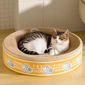 Round sisal cat scratcher bed with yellow decorative border and four-sided curved design