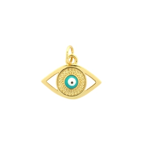 Detailed view of a gold-plated evil eye pendant with blue enamel and sparkling zircon