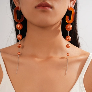 Chic long fringe earrings with orange acrylic C-studs and gradient pearl tassels