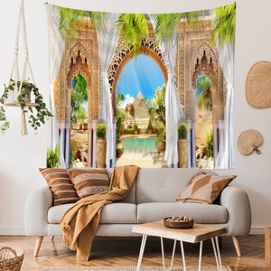 Detailansicht Wandteppich mit ägyptischer Sphinx und Pyramiden im Wohnzimmer-Dekor