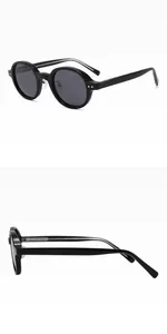 Macro side view of round black polarized sunglasses with durable frames and dark lenses