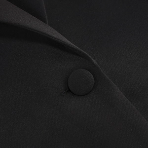 Macro detail of a black blazer with matching fabric-covered buttons and fine texture