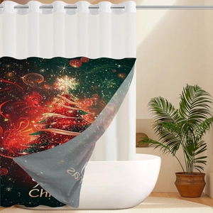 Deep green Christmas shower curtain featuring a glowing tree and festive star patterns