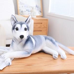 Realistic lying husky dog plush toy on a wooden table for home decor