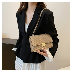 Chic beige quilted small square chain bag with golden lock for women in 2024 fashion style