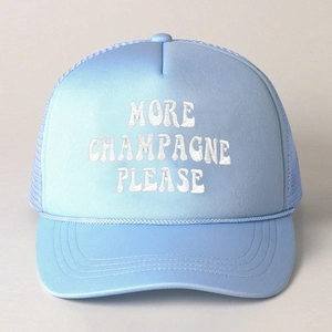 Light blue mesh trucker hat featuring white More Champagne Please embroidery and curved brim