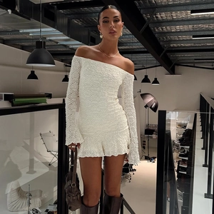 White off-shoulder mini dress with 3D textured jacquard fabric and long sleeves
