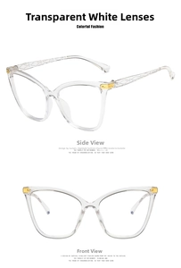 Detailed views of transparent cat-eye glasses with golden hinges and textured temples